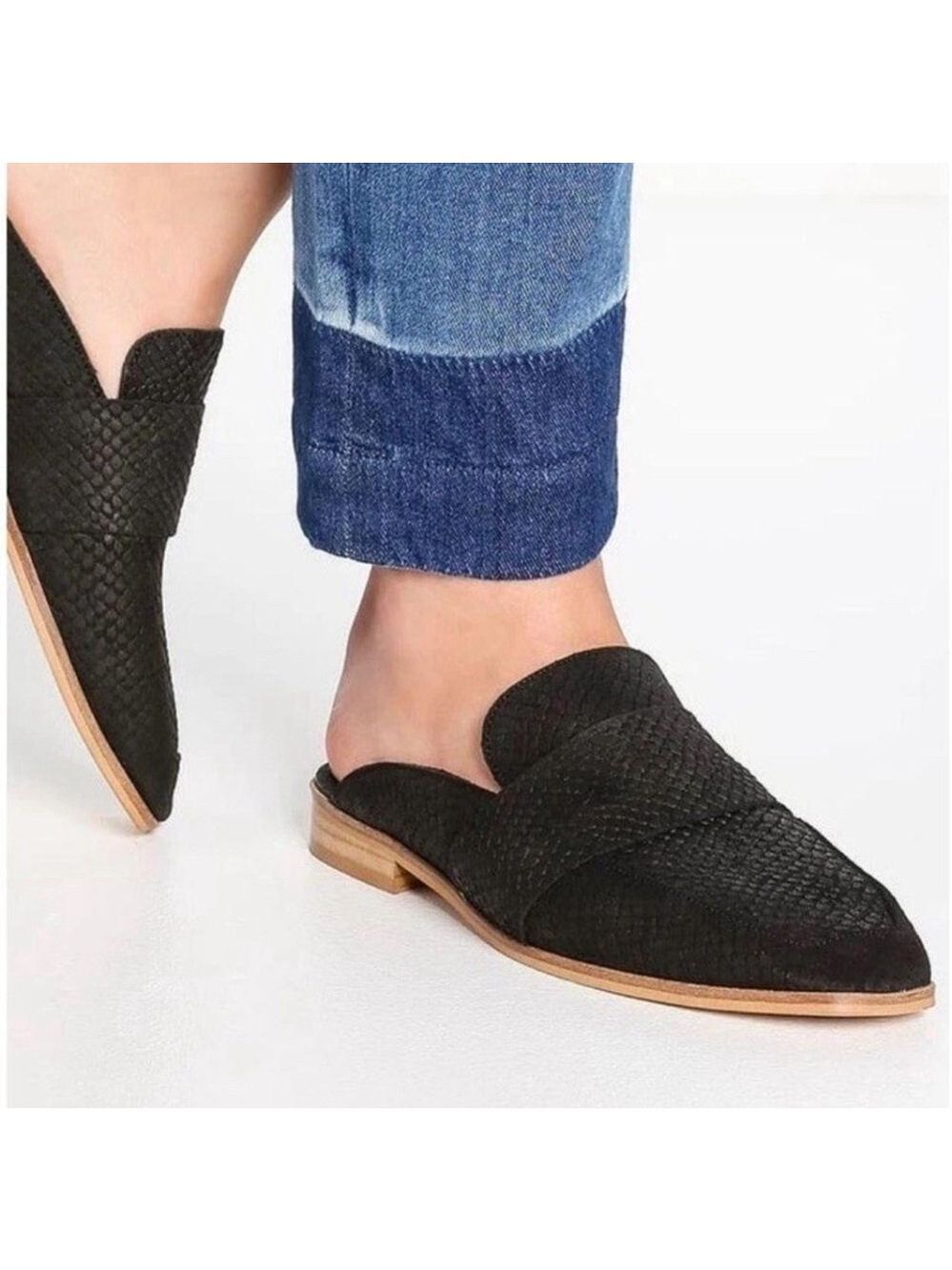 Free People At Ease Embossed Square Toe Slip On Loafers Sz 8 Black Preppy $108